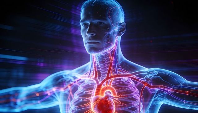 Revealing translucent male torso with glowing heart and neon vascular network