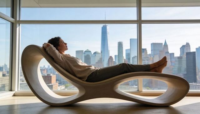 Woman reclining on sculpted lounge chair overlooking manhattan skyline in modern high-rise