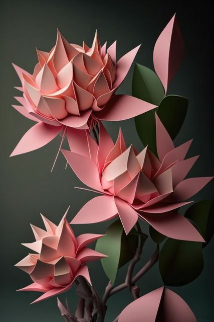 Image of pink origami paper flowers on black background, created using generative ai technology. Origami, art, nature and flowers, digitally generated image.