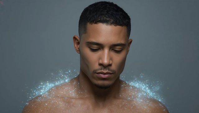 Brooding shirtless male model gazing downward with shimmering glitter shoulders and sparkles