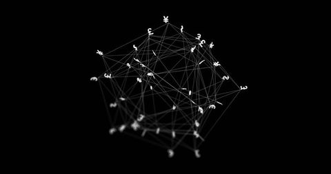 Floating 3d currency network rotating wireframe mesh with global finance symbols and nodes