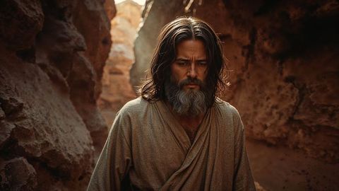 Contemplative moses traveler exploring sunlit sandstone canyon