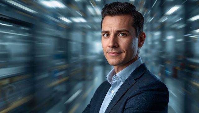 Confident executive standing in corporate corridor wearing navy blazer and blue shirt