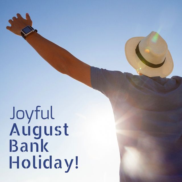 Carefree caucasian man with hand raised against sky in summer and joyful august bank holiday text. digital composite, copy space, blue, hat, happy, lifestyle, enjoyment and holiday concept.