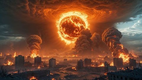 Fiery Apocalypse Over Decaying Cityscape