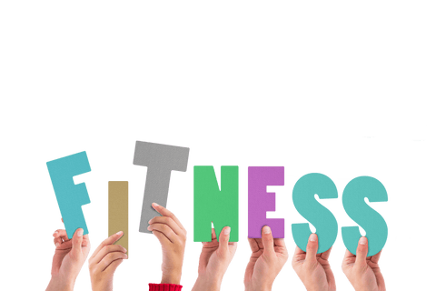 Hands holding colorful fitness letters on transparent background