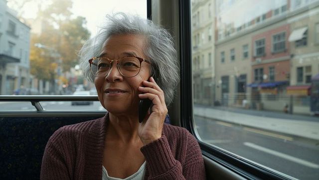 Senior woman talking on smartphone while commuting by city bus during overcast autumn morning