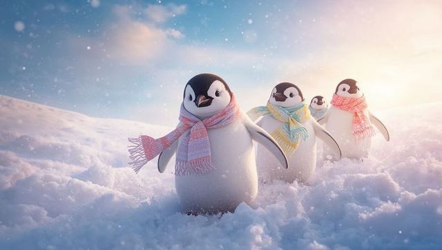 Playful penguin chicks marching through snow wearing colorful scarves at sunrise