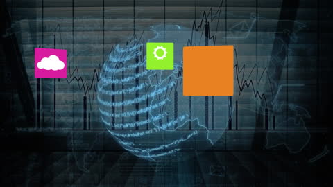 Digital Globe Surrounded by Colorful Tech Icons and Data Visualization