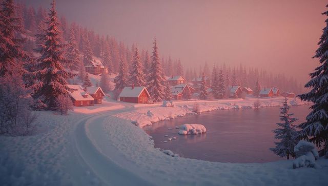 Idyllic Winter Lodge Village at Sunset by Frozen Lake