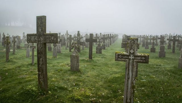 Foggy cemetery with rows of weathered stone crosses, moss-covered graves, eerie mood