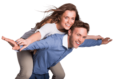 Playful Couple with Woman on Pretty Guy's Back Photo Transparent