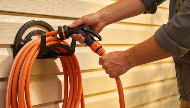 Hands connecting orange garden hose to wall-mounted reel with adjustable spray nozzle