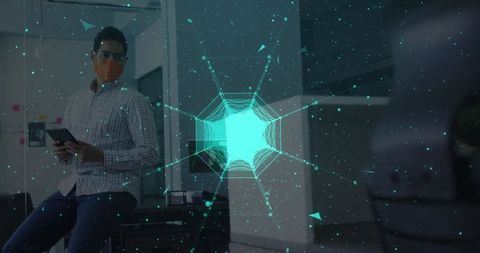 Masked Professional Using Tablet Overlaid with Digital Network