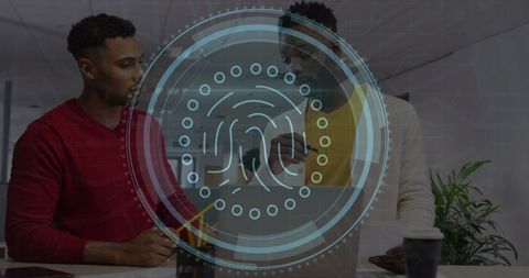 Diverse Team Discussing Cybersecurity with Biometric Graphic Overlay