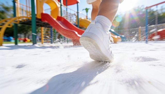 Sandy spray from kicking toddler sneaker at sunny playground close-up with motion blur