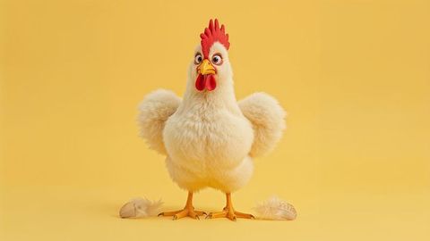 Portrait of Fluffy Chicken on Bright Yellow Background