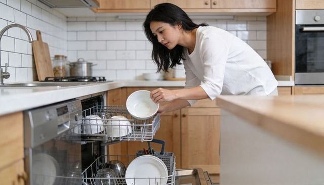 Woman loading dishwasher in minimalist modern kitchen with wood cabinets, white subway tile