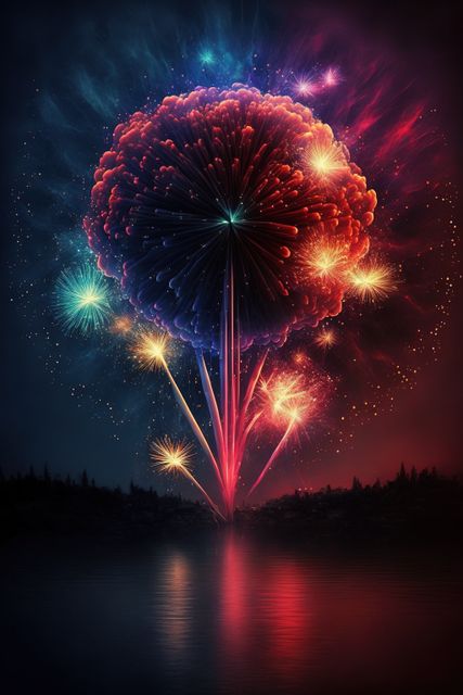 Fireworks exploding in a vibrant array of colors in the night sky, creating an awe-inspiring display with reflections on water below. Wonderful for depicting celebrations, festivals, holidays, and events. Ideal for use in promotional materials, festive greetings, and event advertisements.