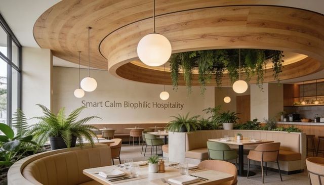 Showcasing serene biophilic restaurant interior with curved wood ceiling, booths, greenery