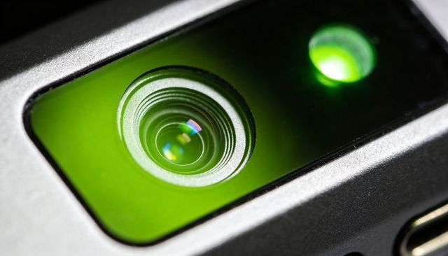 Showing macro electronic lens module with green led glow and concentric optics sensor view