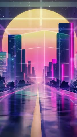 Neon highway leading into cyberpunk city beneath glowing grid sun vertical video