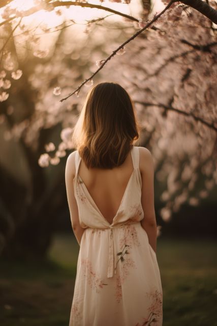 Woman enjoying a tranquil moment surrounded by cherry blossoms. Sunlight filters through the branches. Ideal for use in nature blogs, wellness websites, or spring promotions.
