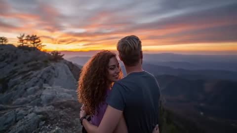 Couple watching sunset on mountain ridge, embracing and smiling at twilight