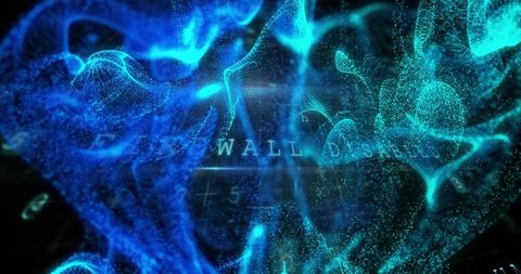 Swirling blue-cyan particle mesh streaming through digital void with wall hud grid