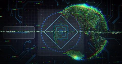Futuristic Particle Globe Visualizing Global Data Waveform HUD with Neon Circuit Grid