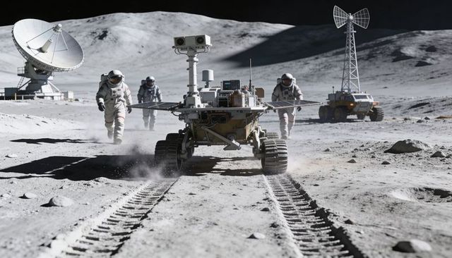 Lunar Rover Driving Across Moon Surface with Astronaut Crew and Communications Antennas