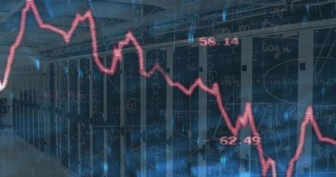 Futuristic Data Center with Red Line Graph Overlay