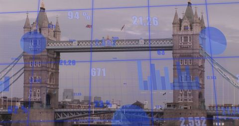 Financial Analytics Overlaying London Bridge Landmark