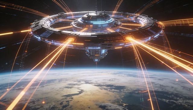 Futuristic orbital ring station projecting orange energy beams over earth horizon, glowing blue ligh