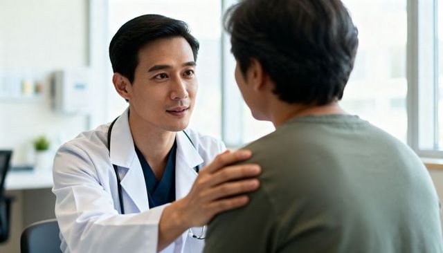 Compassionate doctor reassuring adult patient during clinic consultation showing trust