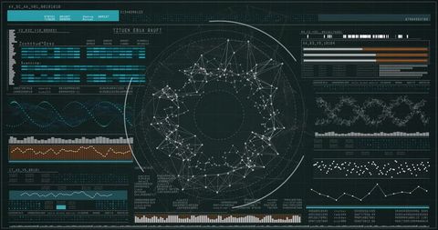 Central network ring visualizing real-time data on dark analytics dashboard with charts