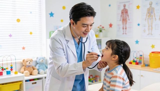 Pediatrician examining happy child during routine oral checkup in colorful clinic
