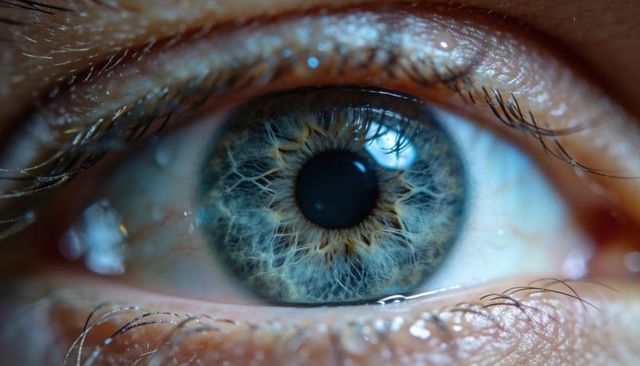 Macro human eye revealing intricate blue-green iris fibers with tear film reflections