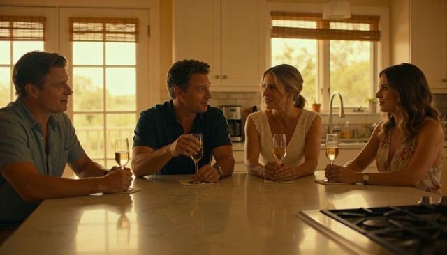 Friends chatting over wine at kitchen island during golden hour, casual evening gathering