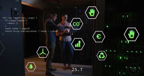 Diverse it engineers analyzing data in server room with digital interface