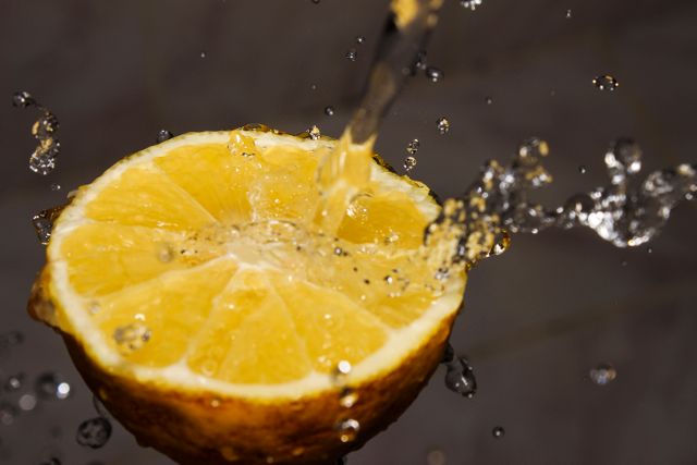 Close-up view of half a lemon with water splashing over it, highlighting the fresh and juicy nature of the citrus fruit. Ideal for promoting concepts of freshness, hydration, health benefits, and vitamin C. Perfect for use in health and wellness blogs, food and beverage advertising, and nutrition articles.