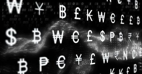 Floating currency symbols forming binary data wave across cyber digital finance landscape