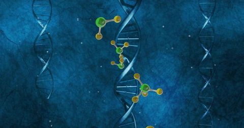 Dna helix rising over textured blue background with floating molecular models for genomics
