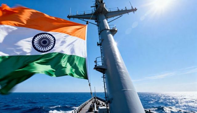 Indian flag waving from ship mast over open ocean with sunlit horizon