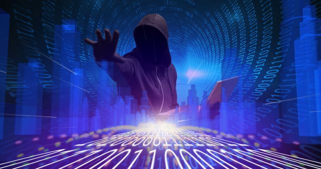 Image of digital interface over hacker in hood binary coding and blue glowing cityscape. Global network online security concept digital composite.