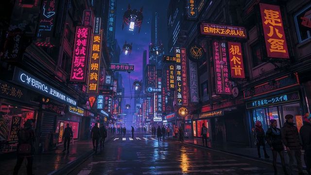 Cyberpunk Cityscape with Neon Lights and Drones