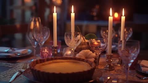 Romantic Candlelit Dinner with Fluted Tart on Rustic Table