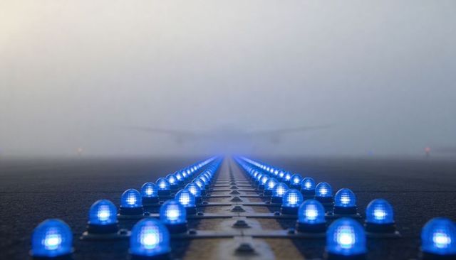 Foggy runway approach with paired blue LED lights creating converging perspective