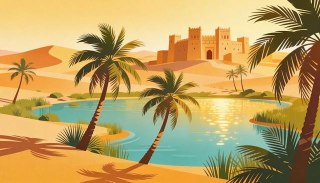 Shimmering turquoise oasis reflecting golden light with palm trees and kasbah beyond