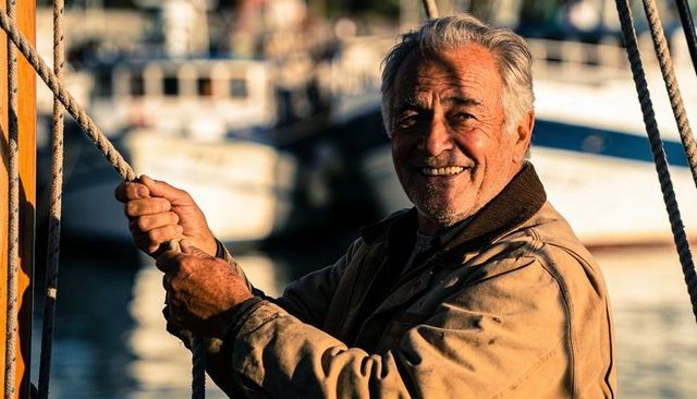 Smiling senior sailor gripping braided rope on sunlit marina deck, weathered jacket